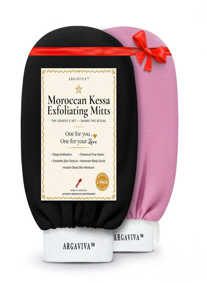 Argaviva Moroccan Exfoliating Glove for Shower - Kessa Hammam Body Scrub Gloves, Exfoliating Mitt, Bath Mitt - Couple's Spa Set, 2 Pack His and Hers, Pink and Black - Image 1